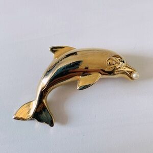 Gold Dolphin Brooch with Pearl Accent- Vintage